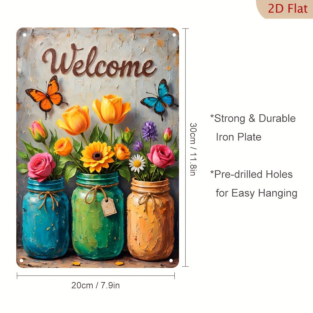

Vintage Metal Wall Art Sign x Inch Flowers And Butterflies Welcome Garden Entrance Living Room Decor Theme 20x30cm（7.8x11.8inch）