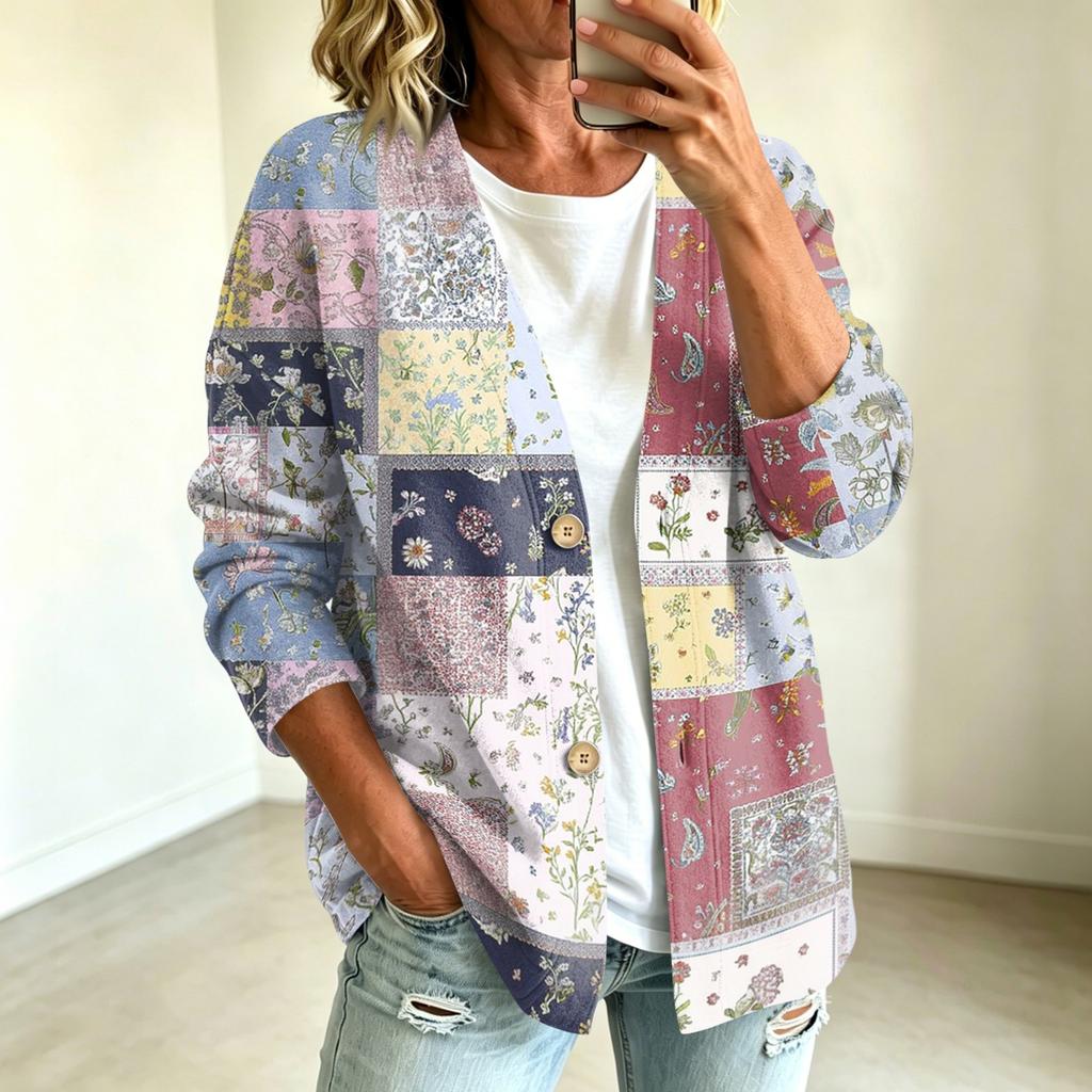 Women's fashionable casual buttoned patchwork fabric printed coat