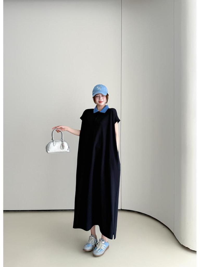 Summer Loose Cotton Polo Collar Dress - Elegant Casual Long Skirt