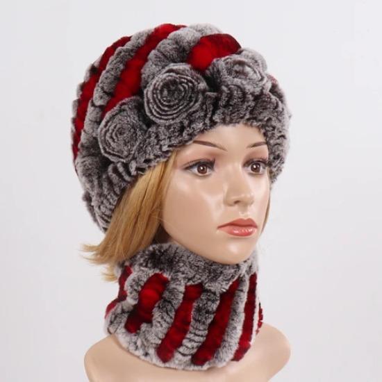 New Good Elastic Lady Winter Rex Rabbit Fur Hats Scarves Knitted Women Natural Fur Caps Scarves Sets 2 Pieces Hats Mufflers