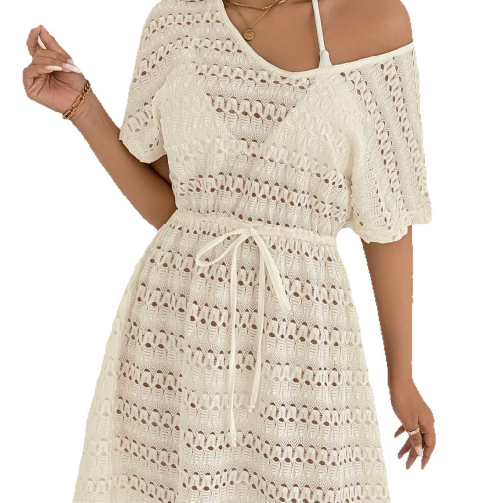 Women's Sheer Lace Camisole Beach Dress with Drawstring Waist and Bow Ties