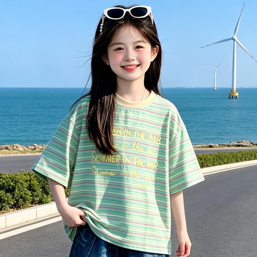2026 Summer Striped Letter T-Shirt & Color Block Jean Shorts Set for Girls