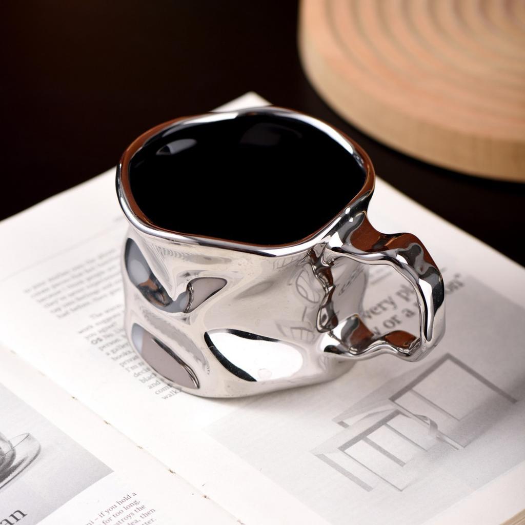 Modern Electroplated Silver Ceramic Coffee Cup Artistic Abstract Wrinkled Mug Metallic Imitation Milk Breakfast Cup Couple's Mug
