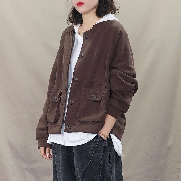 

DIMANAF Новая женская куртка 2025 Короткое пальто Однотонное Пуговицы Длинный рукав Осень Базовые топы Футболка Новый пуловер One Size