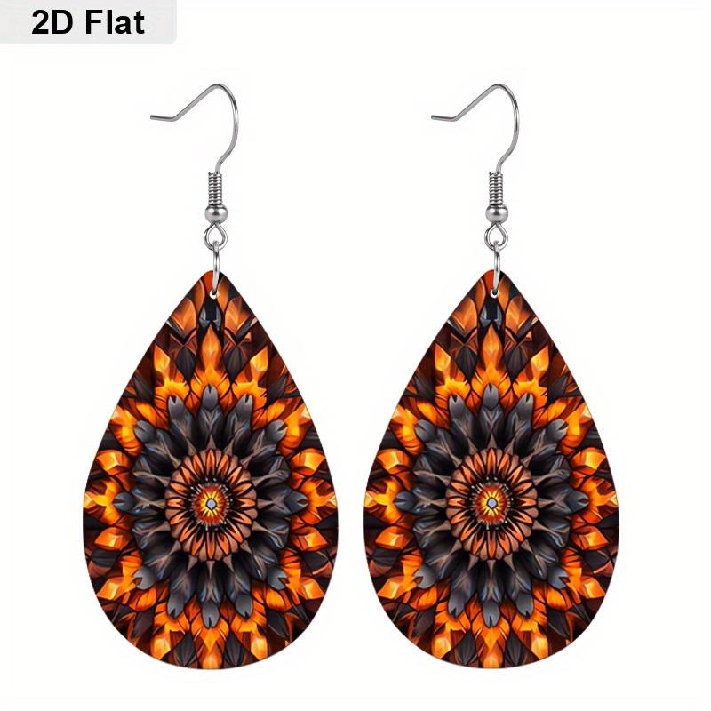 Charming Mandala Floral Black White PU Drop Dangle Earrings for women, Blue Orange Mandala Beach Theme Double Sided Hoop Earring