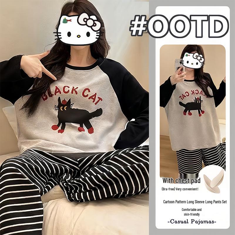 

2025 Women s Korean Style Cartoon Anime Pajama Set with Chest Pads - Long Sleeve for Spring & Autumn XXL [130-145 lbs]