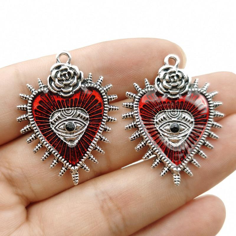 Gothic Punk Wild Rose Heart Pendant & Blood-Red Eye Drip Earrings Necklace Set