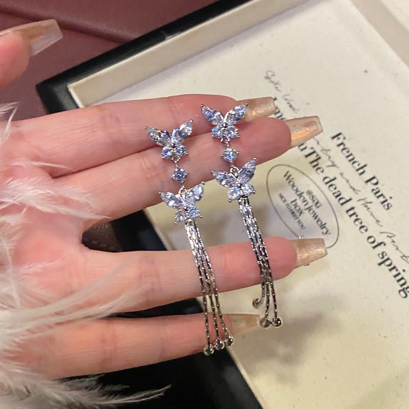 Exquisite Zircon Butterfly Long Tassel Stud Earrings For Women Personalized Fashion Daily Accessory Party Jewelry Birthday Gifts