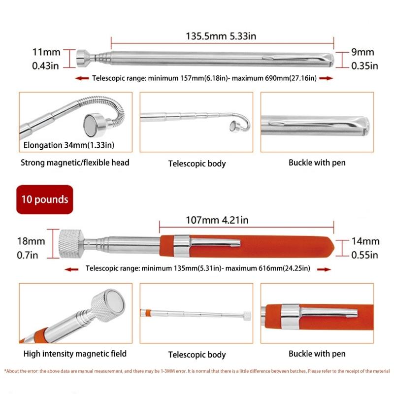 Tragbarer Mini-Teleskop-Magnetmagnetstift, handliche Werkzeugkapazität zum Aufnehmen von Mutternbolzen, ausziehbarer Tonabnehmerstab