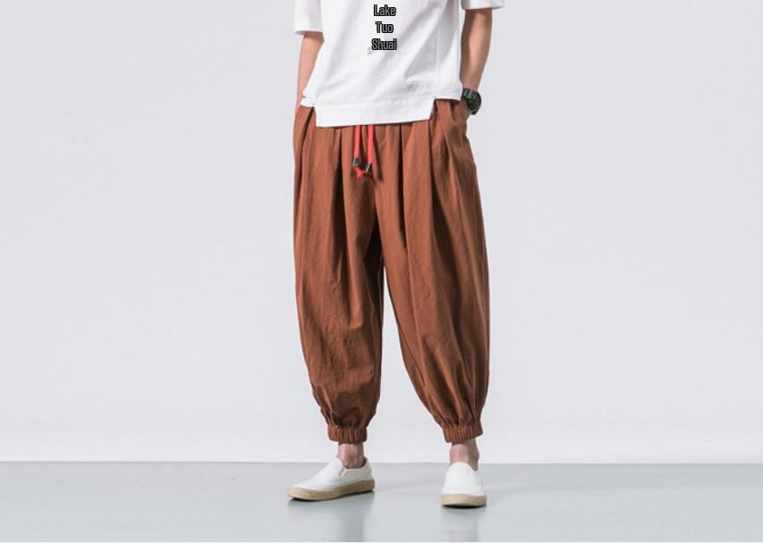 2024 Men's Linen Casual Pants: Chinese & Japanese Style, Loose Wide Leg, Tapered Plus Size Harem Carrot Pants