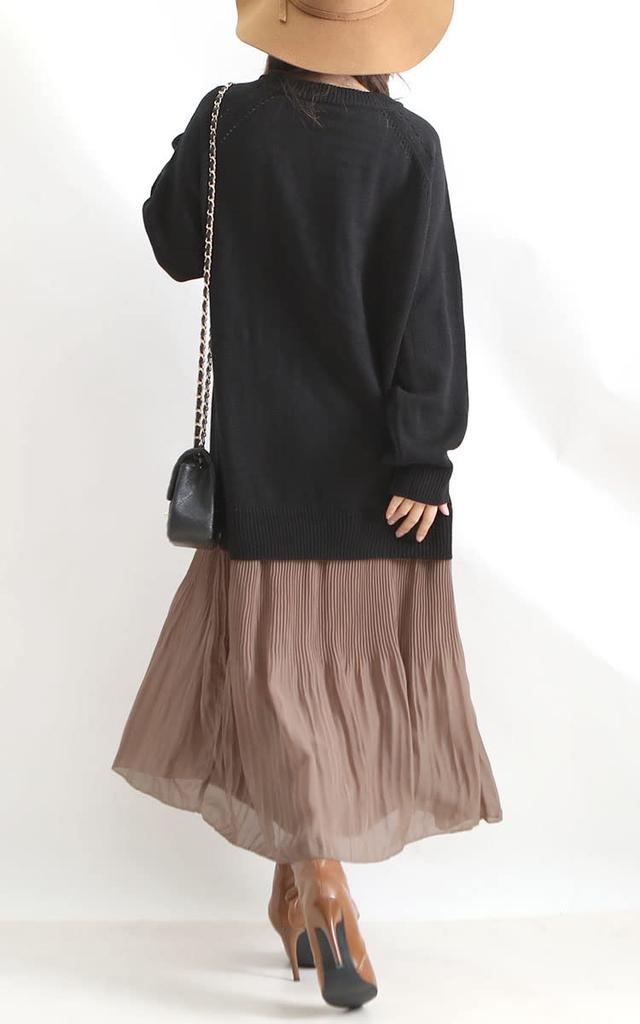 Gold Japan Plus Size Long Size 4L Women's Dress, Sleeve, Knit, Pleated, V-Neck, Black, bro-swnsn05,