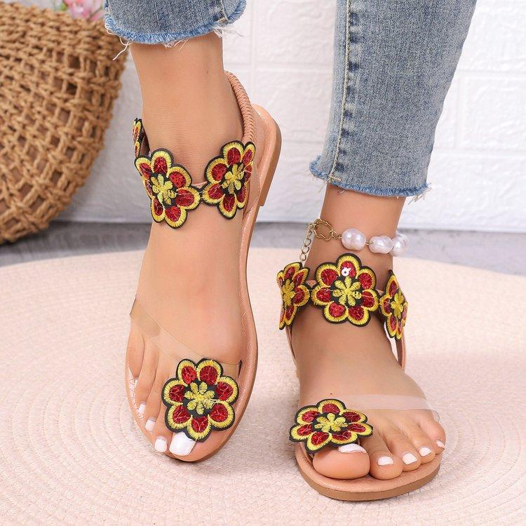 Summer New Bohemian Flat Slippers Wearing Ethnic Style Butterfly Toe Beach Sandals for Women Size 43