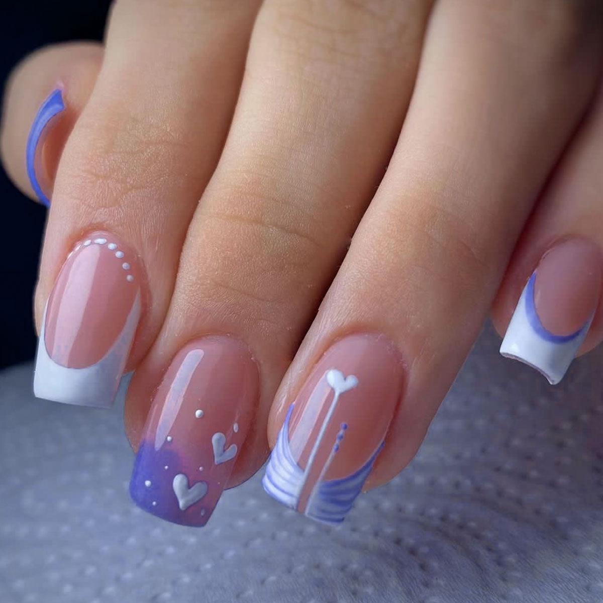 

Removable Square Purple Ombre French Tip Heart Press-On Nails