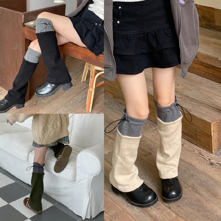 Harajuku Women Leg Warmers Contrast Color Drawstring Knee High Socks Streetwear