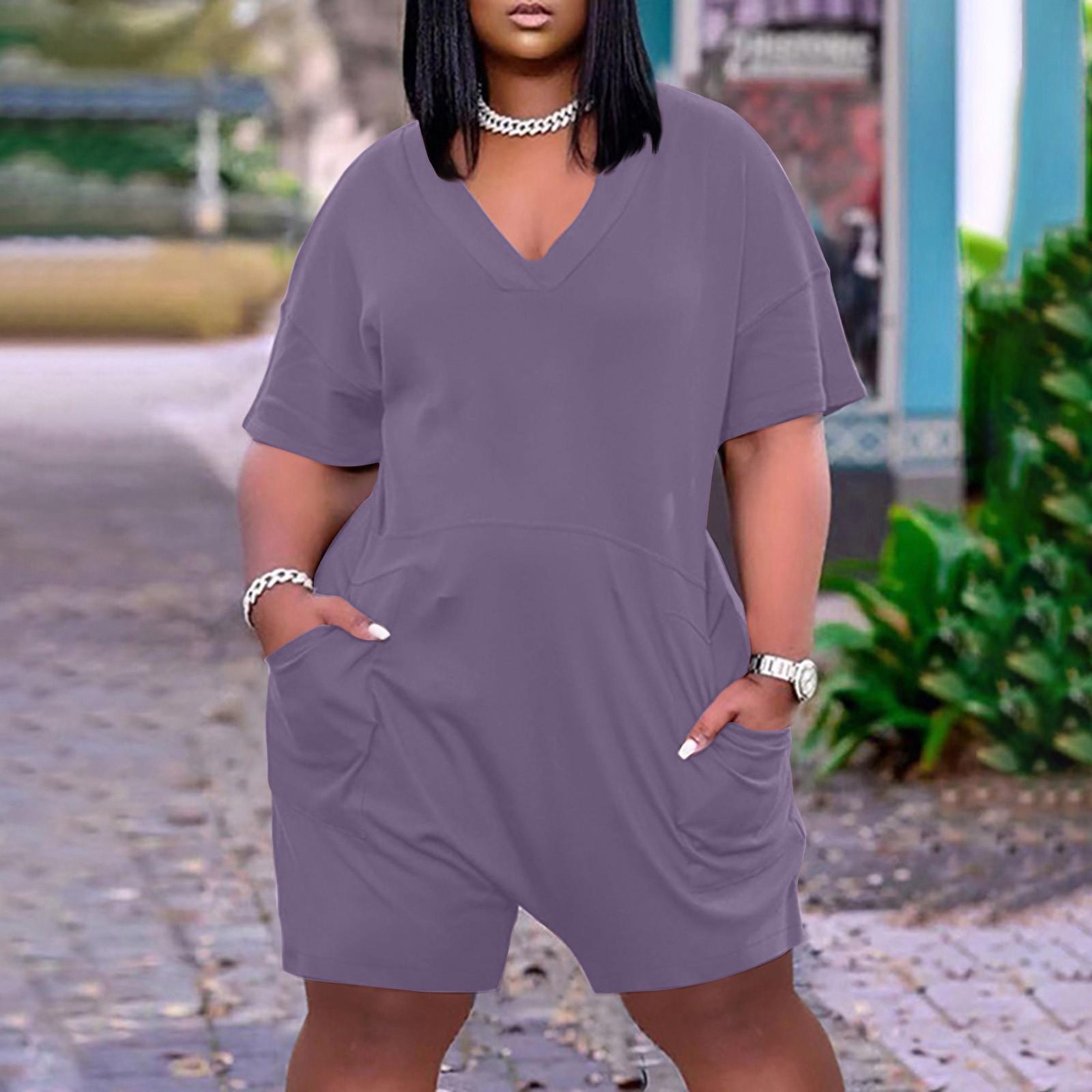 

(Куниде) Летний плюс размер V-образным вырезом с коротким рукавом и карманом до колена, повседневный комбинезон для женщин XL фиолетовый