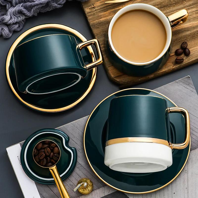 Simple Modern Ceramic Spoon Set Gold Metal Tea Cup Vintage Reusable Tazas De Cafe Drinkware Coffee