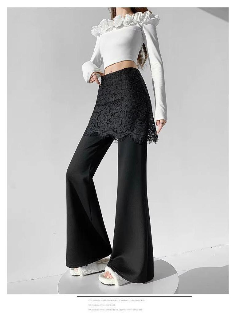 Lace Patchwork Two-Piece Look Micro-Flare Pants for Women - Black High-Waisted Slimming Body-Shaping Trousers, Spring 2026 Arrival
