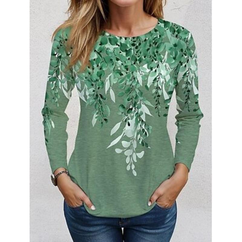 Dame T-skjorte Tee Trykk Daglig Casual Langermet Rund hals Marineblå Vår Høst