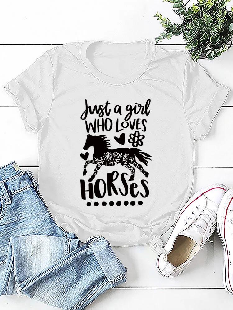 Just A Girl Love Horse Print Women T Shirt Short Sleeve O Neck Loose Women Tshirt Ladies Tee Shirt Tops Camisetas Mujer