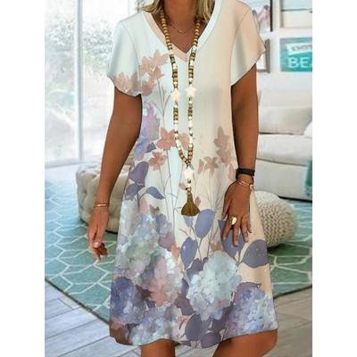 Frühlings- und Sommer-Neues Kurzarmkleid mit Blumenmuster-Print für Damen, Modisches und Lässiges V-Ausschnitt-Kurzarmkleid