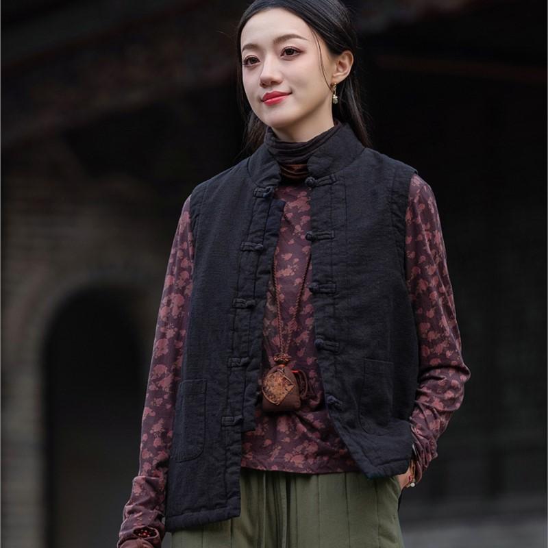 

Johnature Женские Винтажные Пальто Стойка Без Рукавов На Пуговицах Однотонная Ткань Зимние Пальто На Пуговицах One Size чёрный