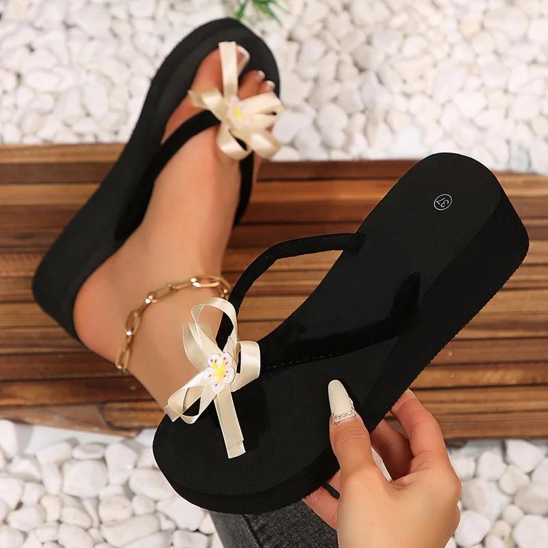 Fashion Women's Riband Med Heel Flip Flops Women Fashion New Flower Platform Slippers Women Summer Beach Anti-Slip Wedge Slides Mujer