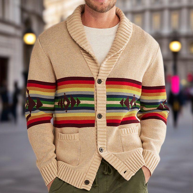 

Европейская и американская экспортная мужская одежда, новый осенне-зимний кардиган с жаккардовым узором в полоску, шерстяное пальто с лацканами, утолщенное Sy0202 Kakh 3XL