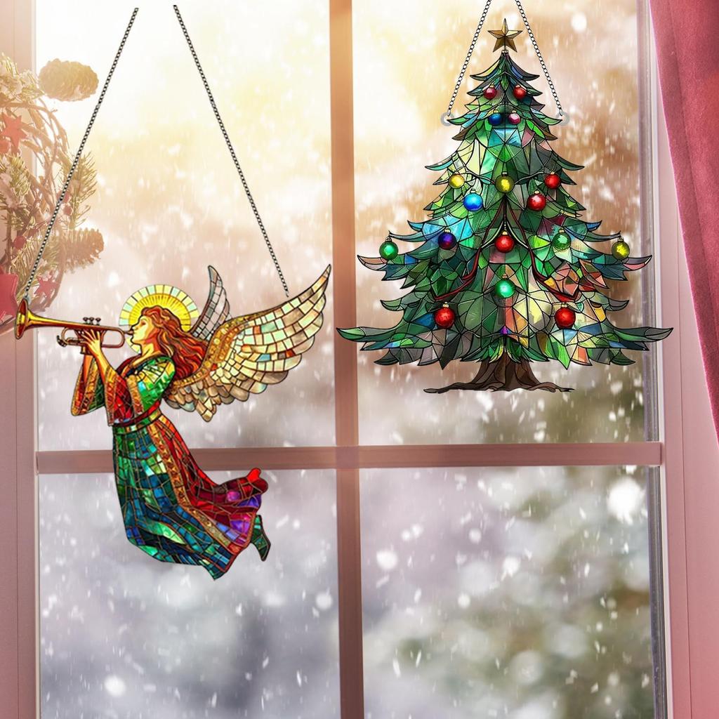 Christmas Tree Suncatchers Ornament Christmas Angel 2D Acrylic Sun Catcher Hanging Indoor Christmas Sun Catcher Window Decor