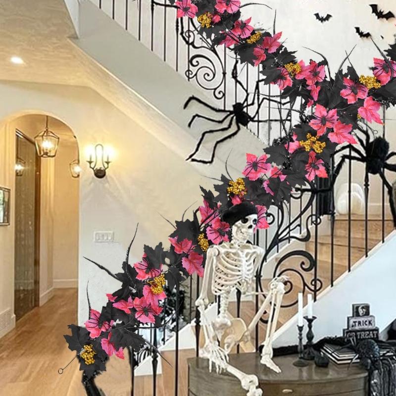 Flexible Artificial Maples Leaf Stem Halloween Decoration Black Silk Leaves for Fireplaces and Window Displays