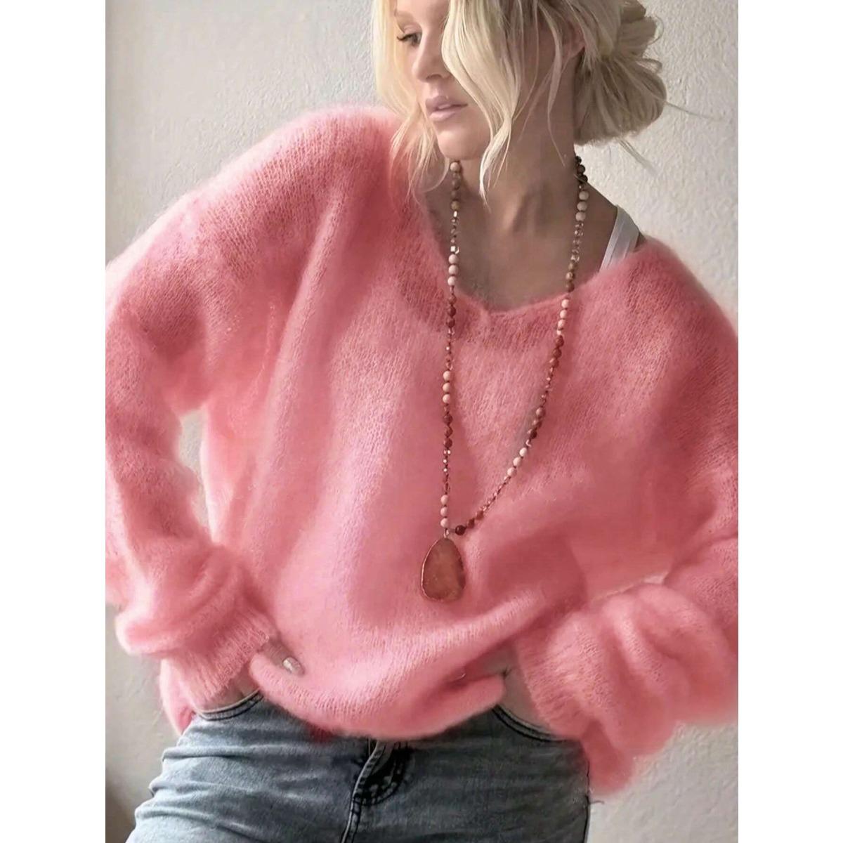 Women s  Fall Winter Solid V-neck Long Sleeve Loose Lazy Style Soft Knit Pullover Sweater Top S розовый