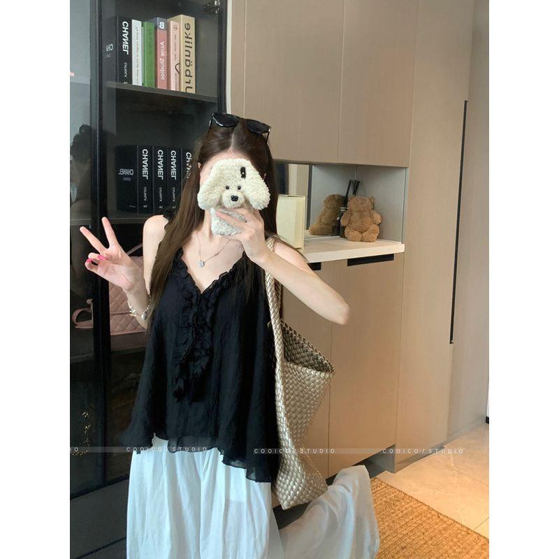 Kumikumi Sweet Style Wooden Ear V-neck Cami Women clothes Summer Chic Chic All-Match Sleeveless Top