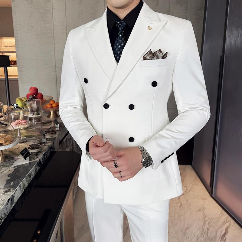 

Мужской двубортный костюм с длинными рукавами и бантом на шее, высококлассный деловой кэжуал однотонный костюм XXXXXL белый
