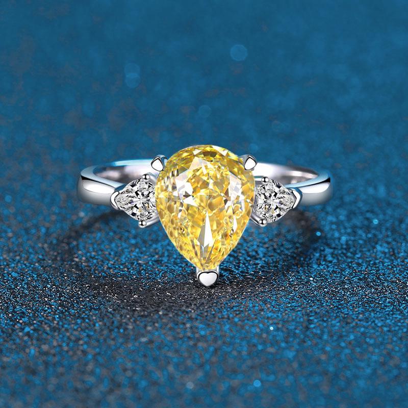 New S925 Sterling Silver Women's Ring, Ice Cut Water Drop Design In Blue, Yellow, Pink, White Colors with Simple Diamond Accents.
