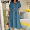 QICED Women Summer Casual Cotton V-Neck Short Sleeve Button Dress