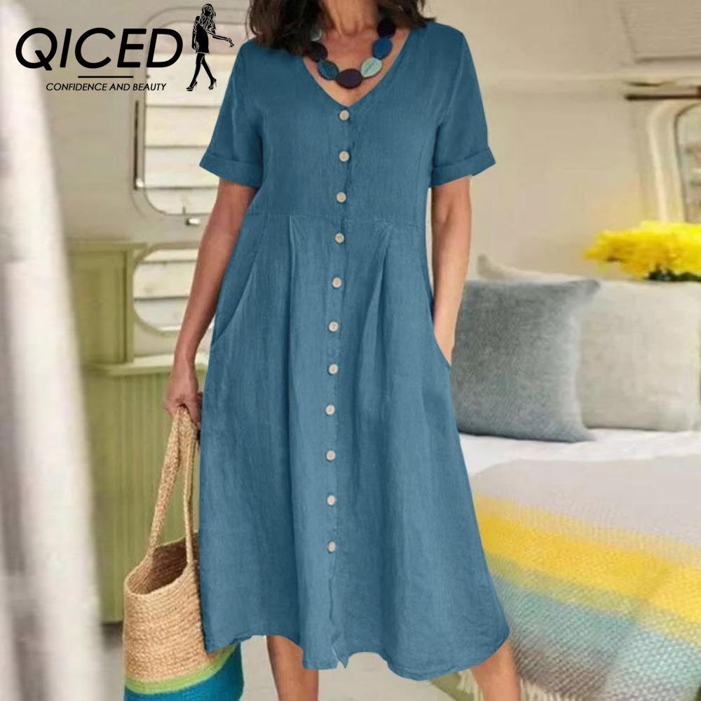 QICED Women Summer Casual Cotton V-Neck Short Sleeve Button Dress
