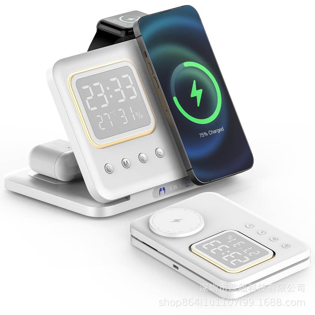 5 In1 Wireless Chargers Stand LED Digital Alarm Clock Thermometer Fast Charging Dock Station for iPhone 15 14 IWatch