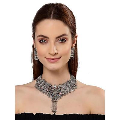 Shining Diva Fashion Latest Stylish Traditional Oxidised Silver Necklace Jewellery Set for Women