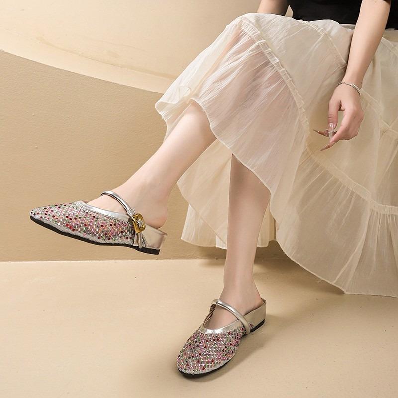 

Rhinestone Mesh Breathable Strap Flat Shoes Round Toe Shallow Mouth Soft Slip Anti-Slip Inside Heighten Wrapped Head Half Drag 40 срібний