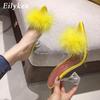 Fashion Eilyken Feather Fur PVC Transparent High Heels Woman Slippers Pointed Toe Mules Lady Pumps Slides Stripper White Shoes