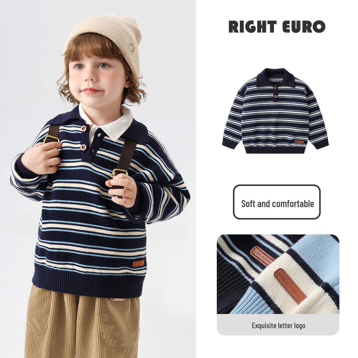 Trendy European Boys  Striped Knit Polo Sweater for Autumn/Winter 2025 100 cm