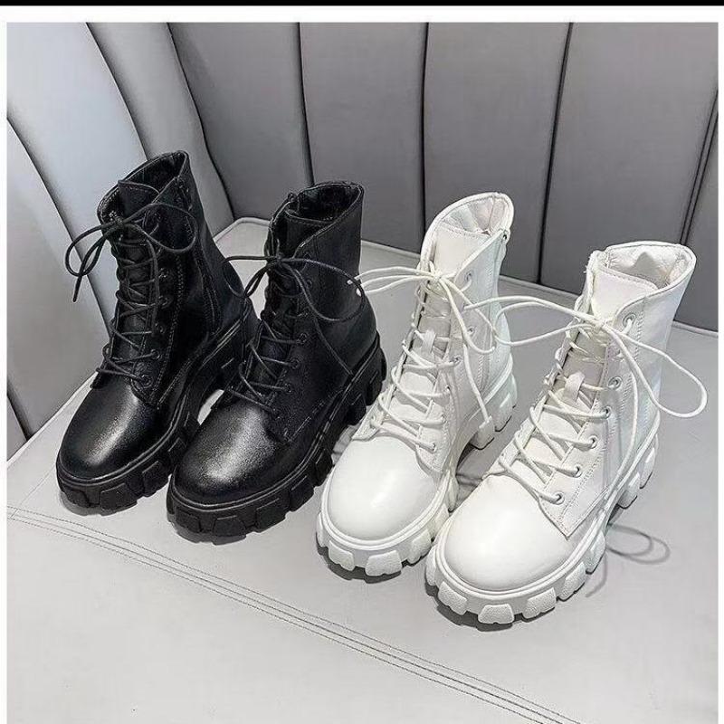 Real Soft Leather Martin Boots for Women British Style Korean Autumn and Winter Platform Boots for Women with Velvet Mid-calf Boots