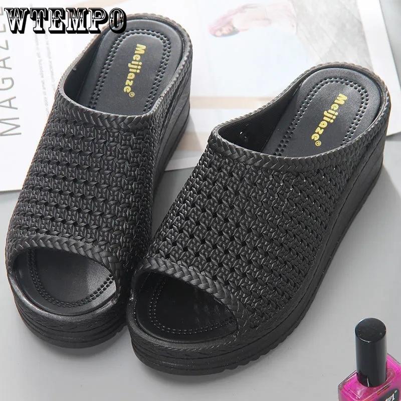 Rutschfeste Damen-Hausschuhe, hohl, einfarbig, Sommermode, bequeme Hausschuhe mit hohen Absätzen