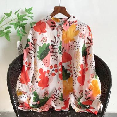 Women's Linen Blend Floral Print Shirt Casual Oversized Long Sleeve Button-Down Blouse