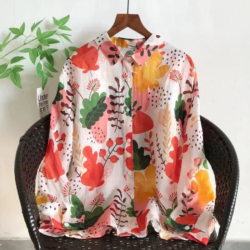 Women's Linen Blend Floral Print Shirt Casual Oversized Long Sleeve Button-Down Blouse