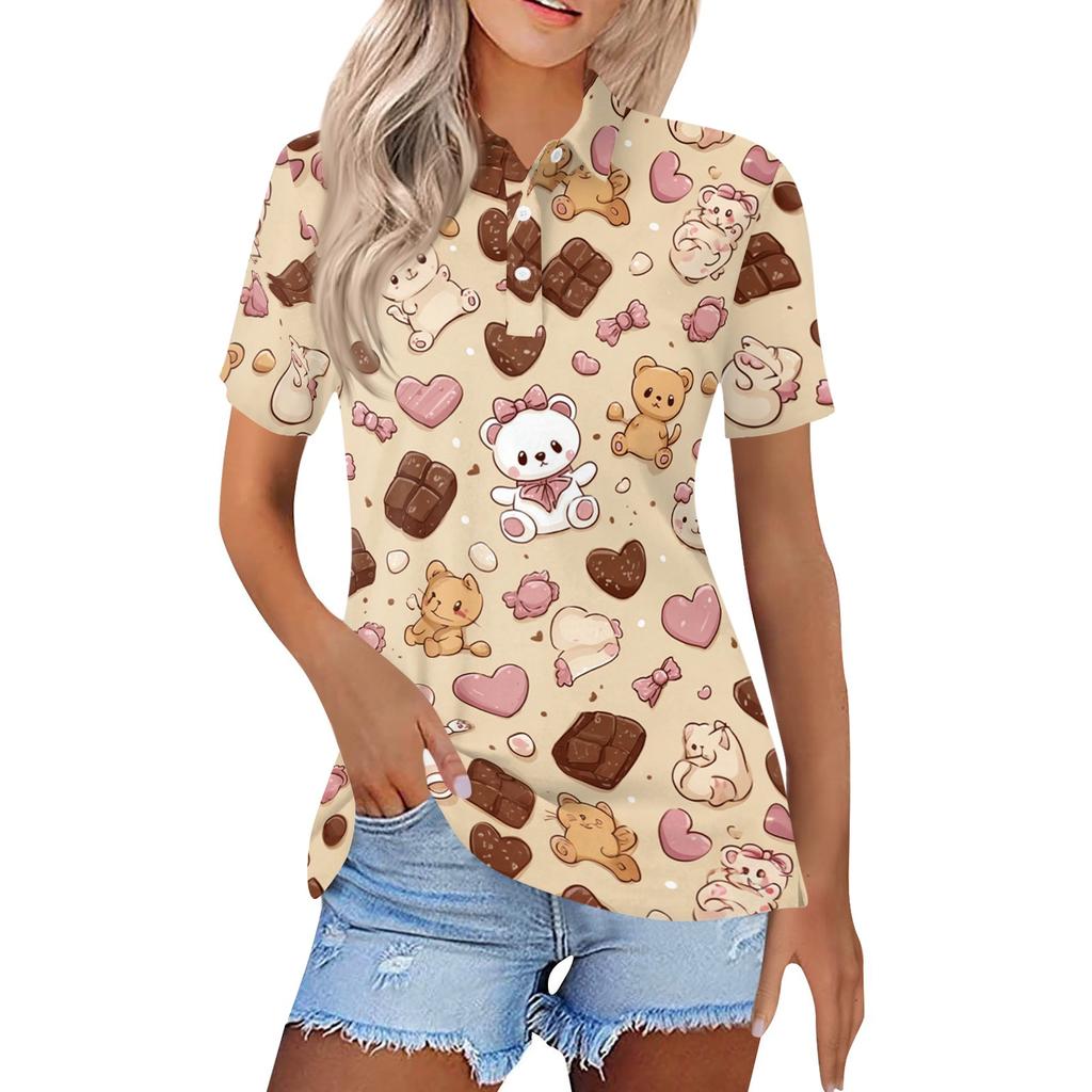 Women Casual Button Down Short Sleeve Polo Shirt with Cartoon Animal Print and Side Slits Lightweight Summer Top