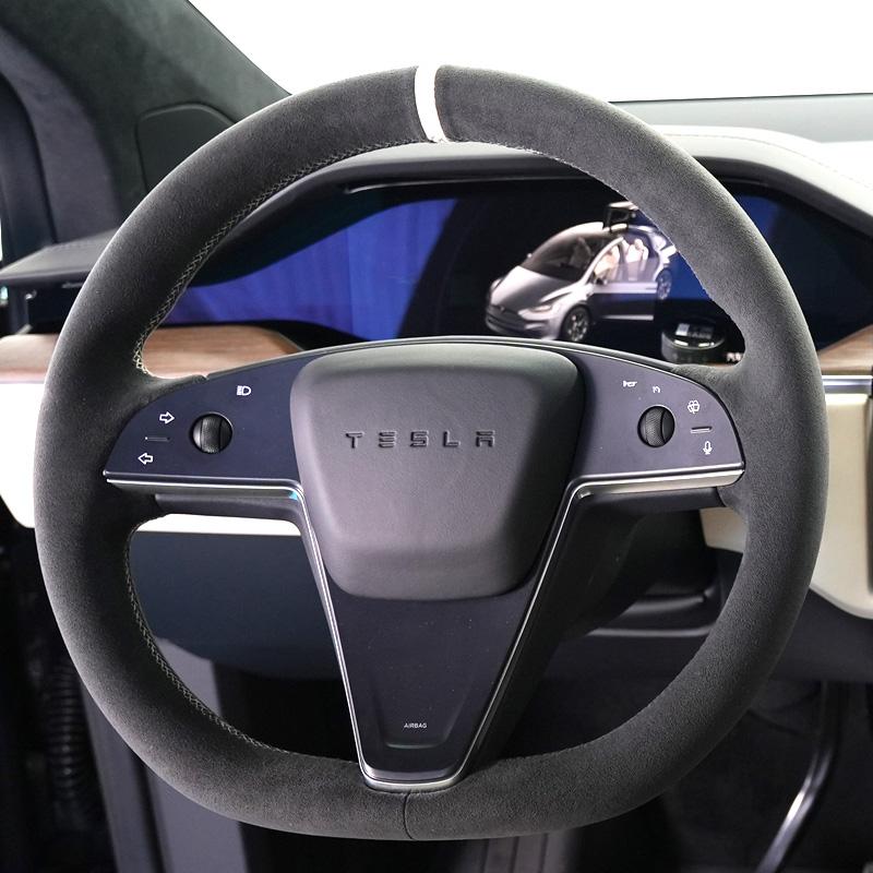 Hand Stitch Non-slip Car Steering Wheel Cover for Tesla Model 3 S X -2024 DIY Soft Suede White Stripe Car Interior
