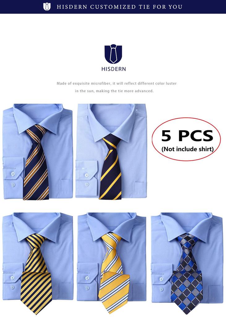 [HISDERN] Business Tie Set of 5, Stylish, with Pocket Square, Men's, Wedding, Yellow, Blue Stripe, Job Hunting, Brand, Gift T5-01