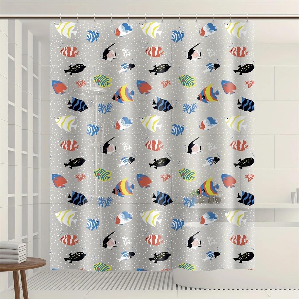 Hochwertiger PEVA Goldfisch Duschvorhang - Transparente Badezimmerdekoration mit Orangen Fischen und Stein-Design, Inklusive 12 Haken