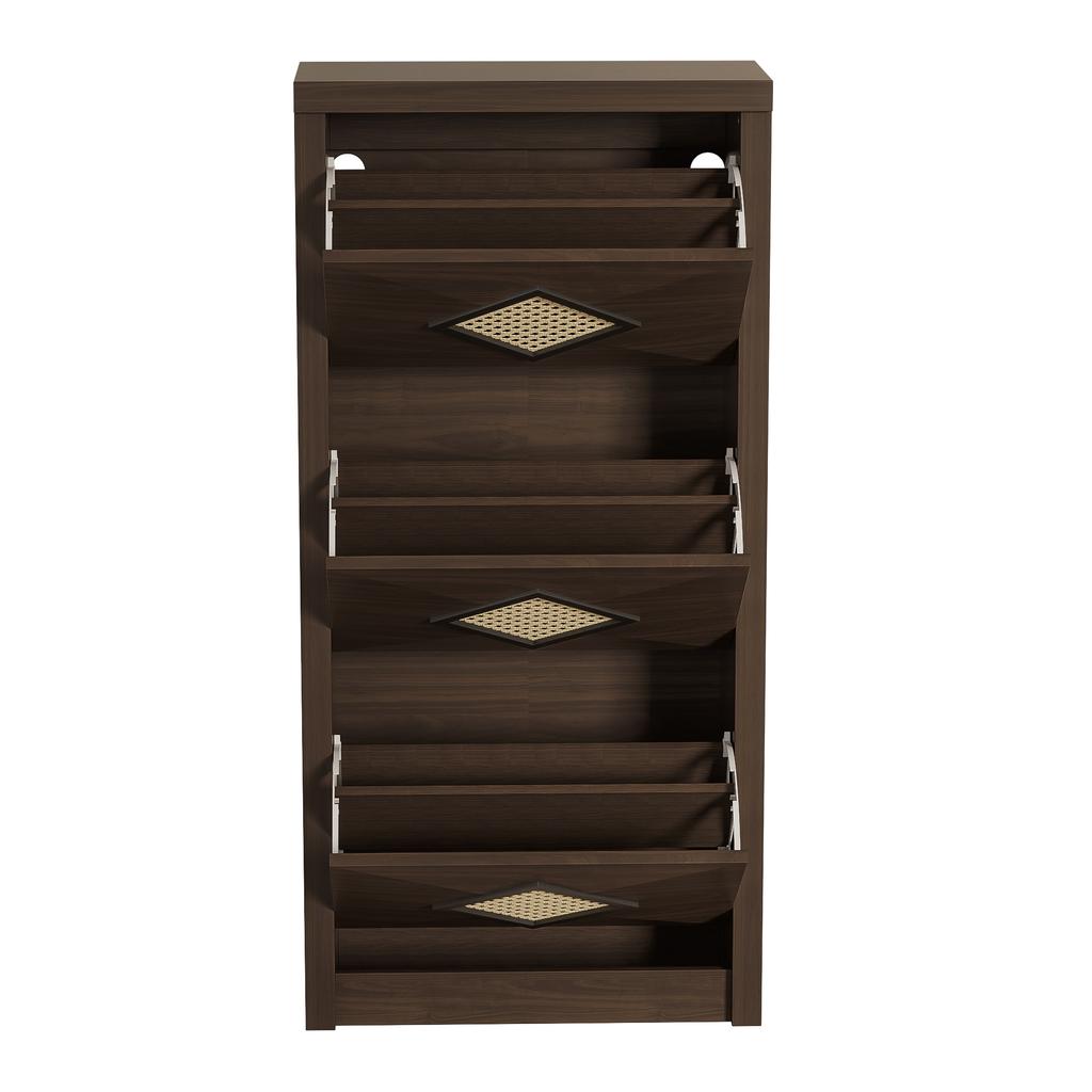 Vintage Shoe Cabinet with Rattan Decor, 3 Flip-Down Compartments, Space-Saving Shoe Cabinet 54x25x115 cm, Hallway Furniture in Modern Farmhouse Style