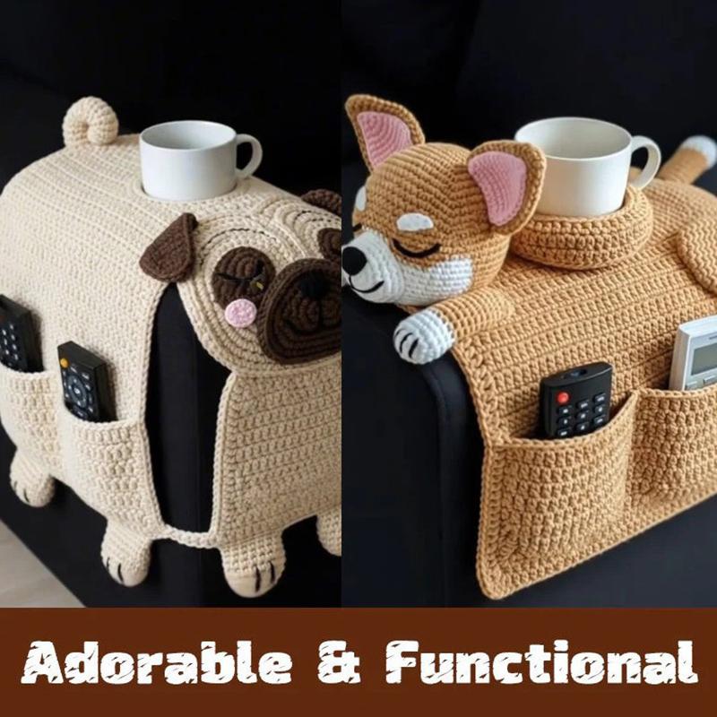 Borsa Portaoggetti a Forma di Divano per Cani all'Uncinetto, Decorazione Portaoggetti da Bracciolo per Divano Intrecciato per Animali Domestici, Con 2 Tasche e Un Portabicchieri